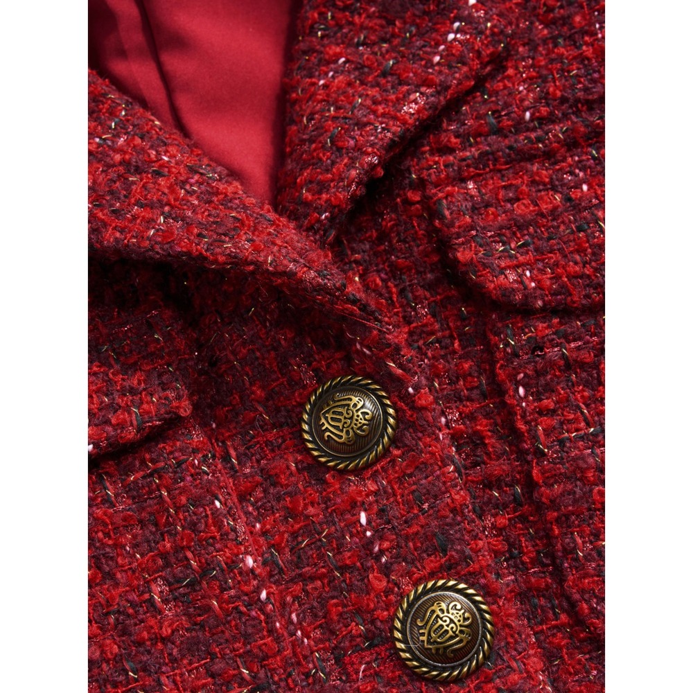 Cider Red Tweed Crop Top - Notched Collar, Slim Fit, Button Detail, Lined - Picture 6 of 8